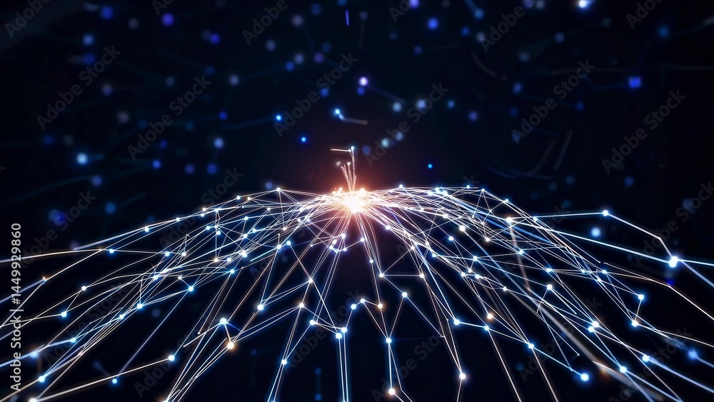 Poster abstract plexus network is growing and connecting on a dark background with glowing dots and lines. 