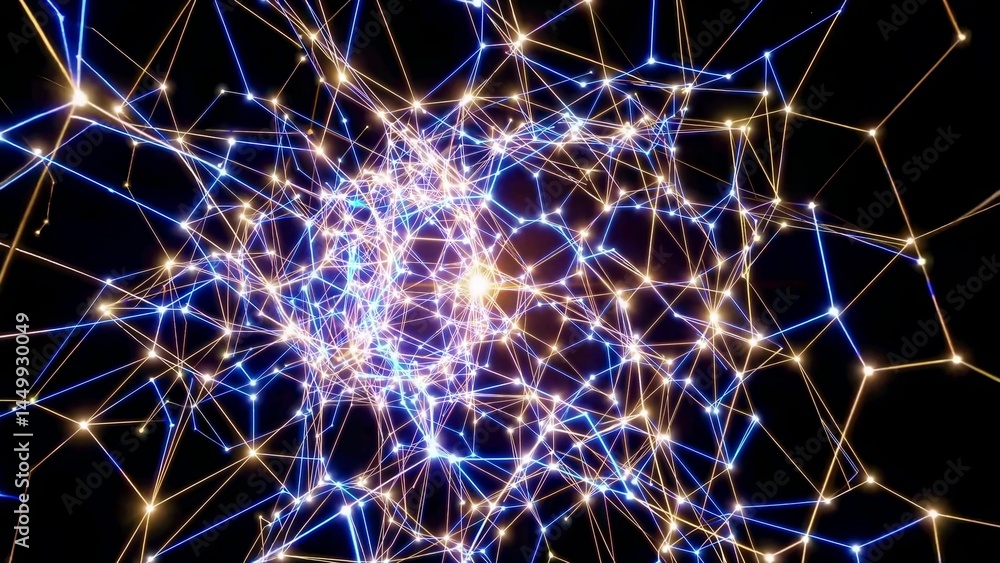 Poster golden and blue plexus network grows and connects on a black background, creating a dynamic and comp