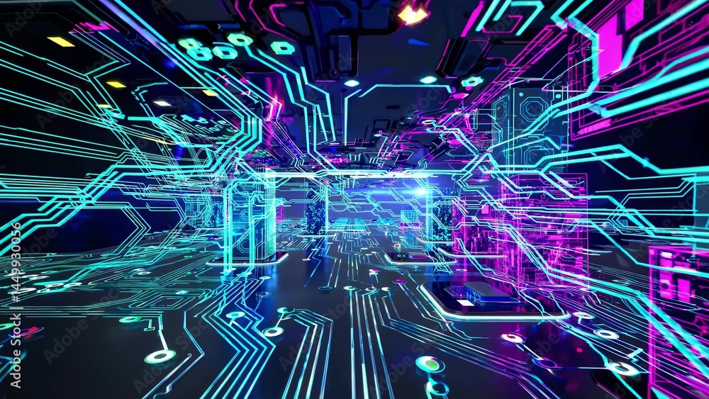 Poster digital data pulsing through neon-lit circuit board, revealing intricate network connections within 