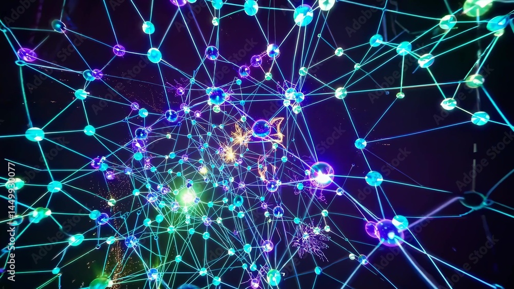 Poster dynamic plexus network expanding with vibrant fireworks bursting against deep black background, repr
