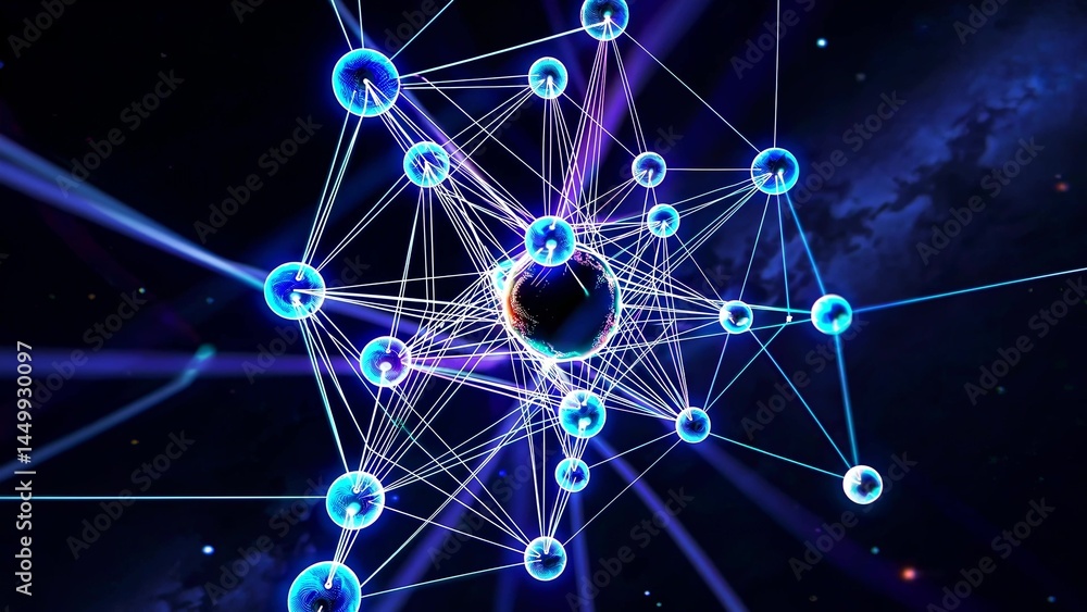 Poster atomic structure is transforming, showing energy flows and connections between particles in a dynami