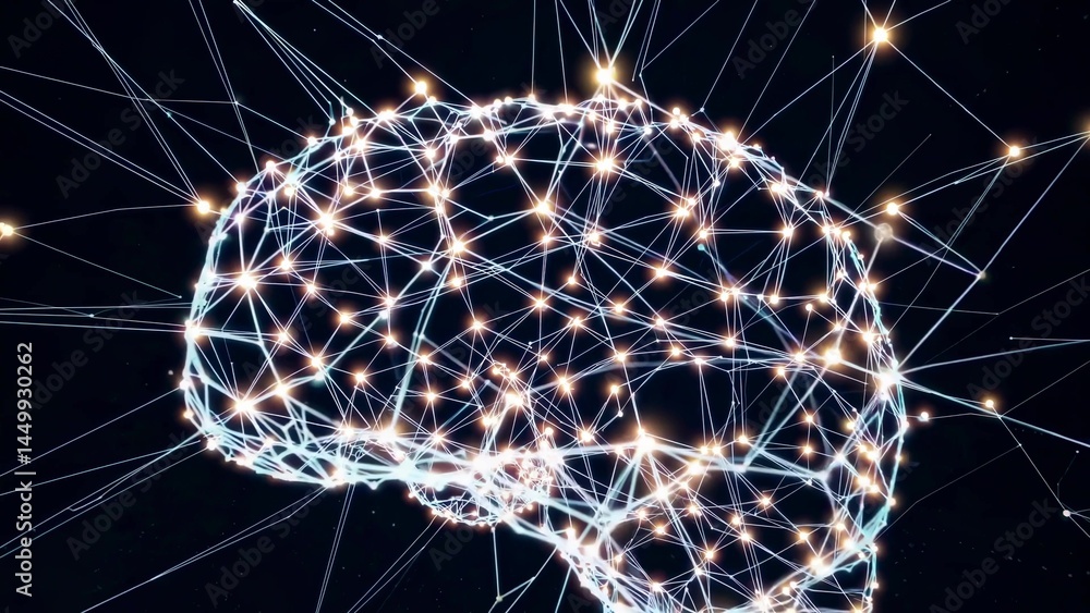 Poster glowing network nodes interconnecting dynamically, forming intricate brain-like structure, represent
