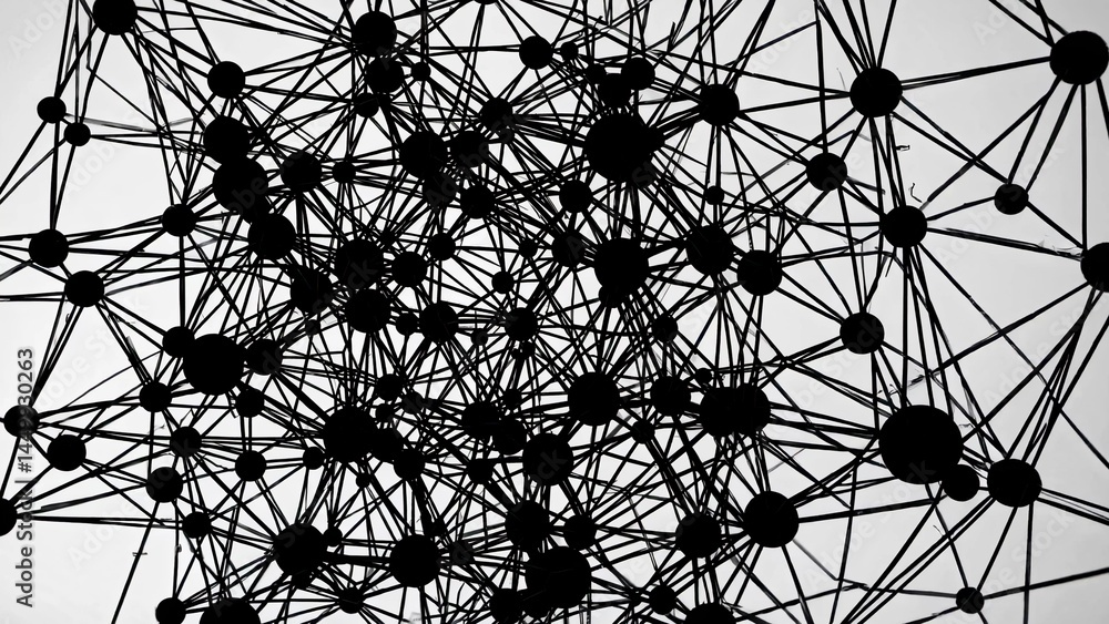 Poster black dots connected by lines are multiplying, creating a complex network that expands and grows, sy