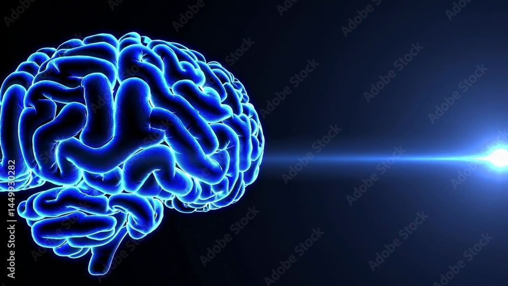 Poster human brain rotating slowly, showing its complex structure and neural connections, with blue synapse