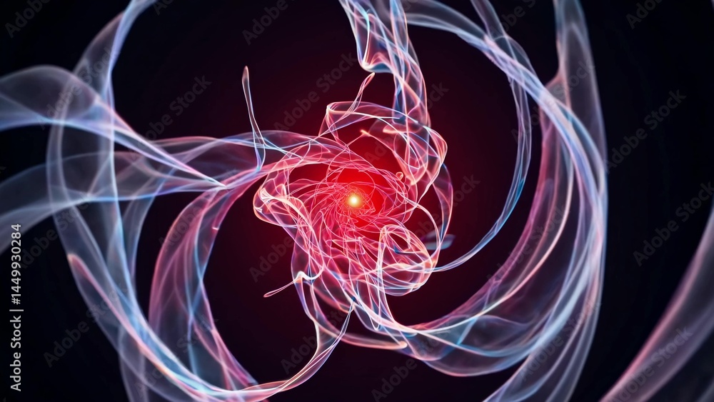 Poster colorful plasma filaments are swirling and rotating around a bright red core, creating a mesmerizing