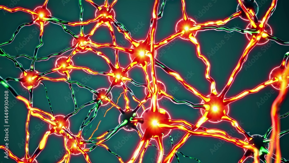 Poster complex biological neural network firing and connecting, showing synapses and electrical impulses tr