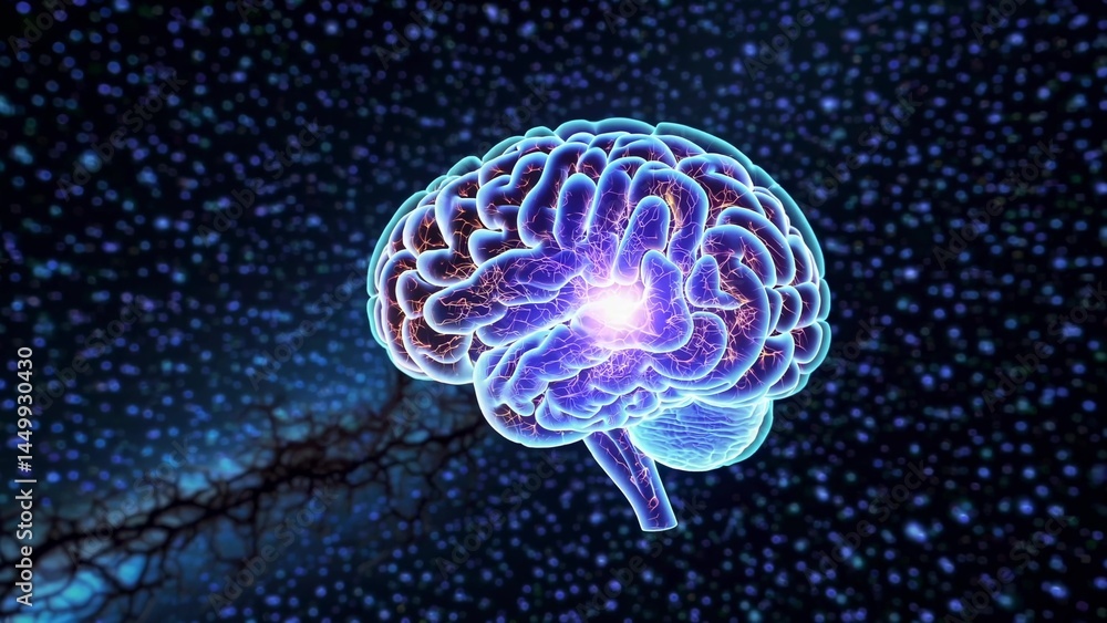Poster energy pulses and flows through a transparent human brain, illuminating its intricate network of neu