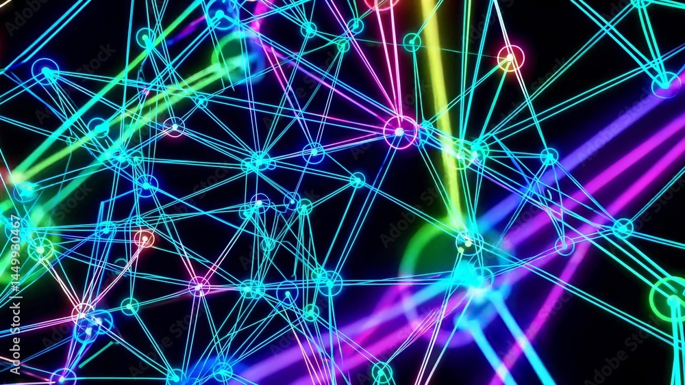 Poster intricate digital network plexus growing dynamically with glowing interconnected nodes, revealing co