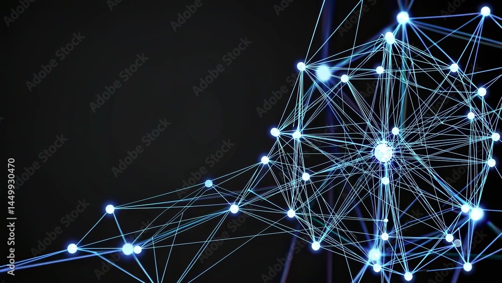 Poster glowing blue plexus network grows and connects, creating a dynamic digital web on a black background