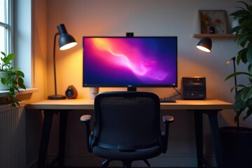 Empty chair facing computer screen, home office , minimal, keyboard, background
