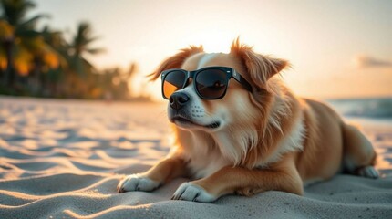 A stylish dog wearing sunglasses sitting on the sand at a sunny beach, looking relaxed and playful, tropical background with ocean waves and clear blue sky, stock photo style, natural lighting