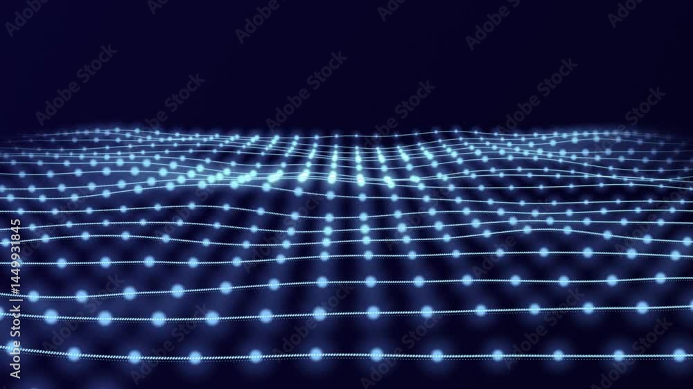 Poster abstract animation with rows of luminous dots connected by thin lines, creating an undulating blue s