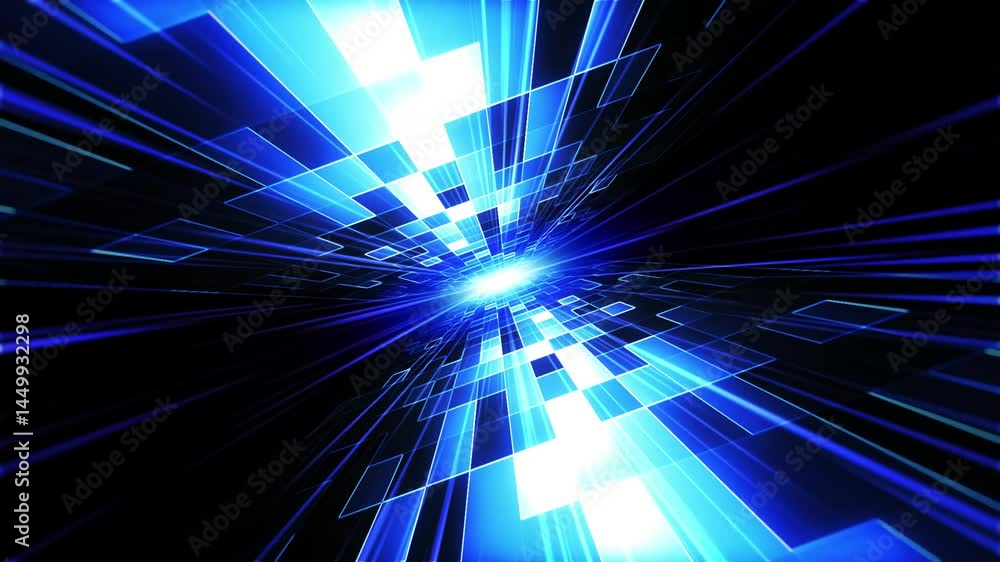 Poster an abstract, futuristic corridor or tunnel consisting of glowing blue-blue squares and lines on a da