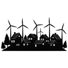 Eco Village Silhouette with Wind Turbines and Sustainable Houses