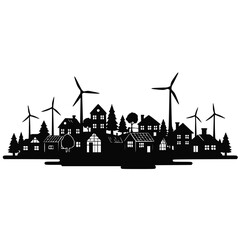 Eco Village Silhouette with Wind Turbines and Sustainable Houses