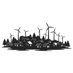 Eco Village Silhouette with Wind Turbines and Sustainable Houses