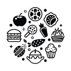 Collection of various Food Icon Set Silhouette style vector Design.