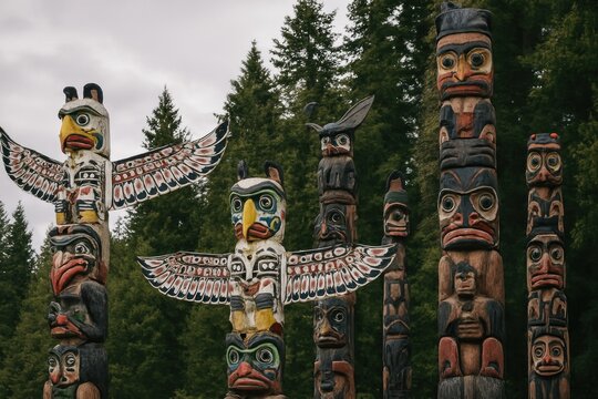 Colorful indigenous totem poles forest