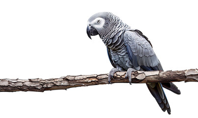 Obraz premium african gray parrot on a branch centrally placed and entirely on a transparent background