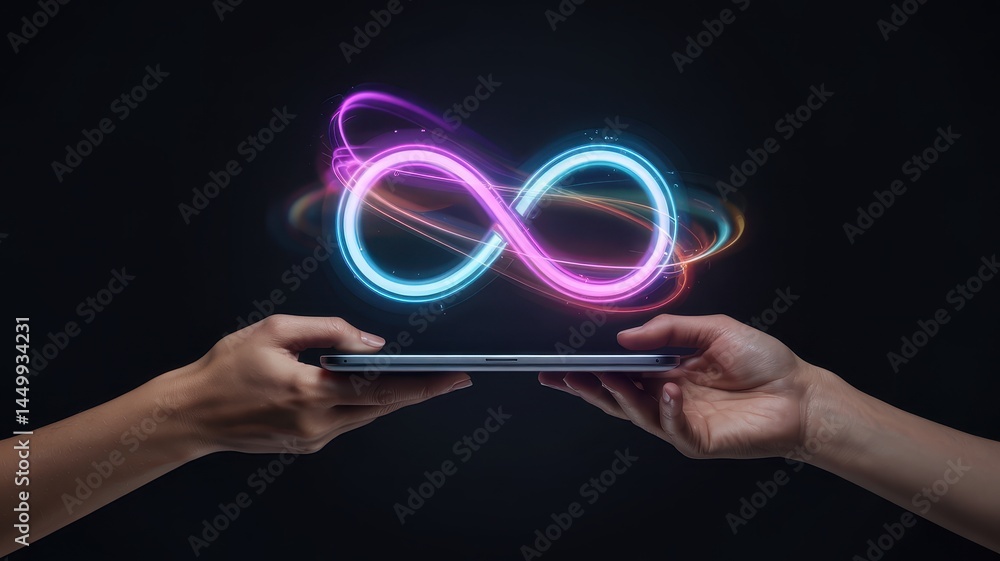 Aufkleber hands exchanging a tablet displaying an infinity symbol with glowing light.