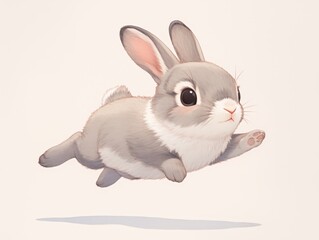 Fototapeta premium A cute gray bunny leaping forward with ears up on a light background