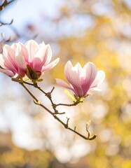 Obraz premium Pink magnolias in bloom against a soft, sunlit background