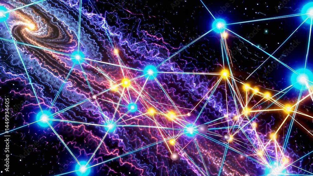 Poster bright nodes connect across a vibrant nebula, creating a complex network that expands and evolves, s