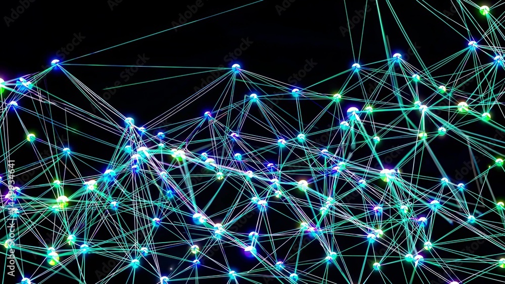 Poster complex network expanding with interconnected nodes pulsing green and blue against dark background, 