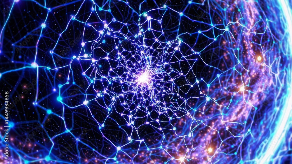 Poster complex network growing and expanding, simulating a neural network or biological structure, glowing 