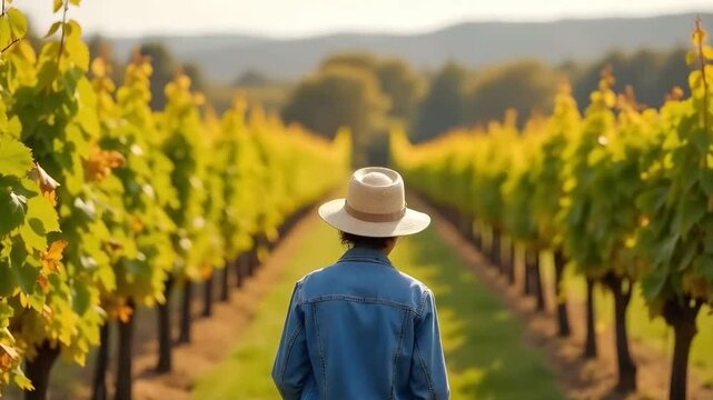 Elderly African-American woman wearing a simple sunhat, denim jacket, strolling through a vineyard on a sunny autumn afternoon - Powered by Adobe