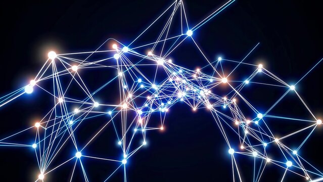 Intricate glowing plexus network dynamically transforming, revealing complex interconnected digital structure against dark backdrop, representing technological communication and data flow