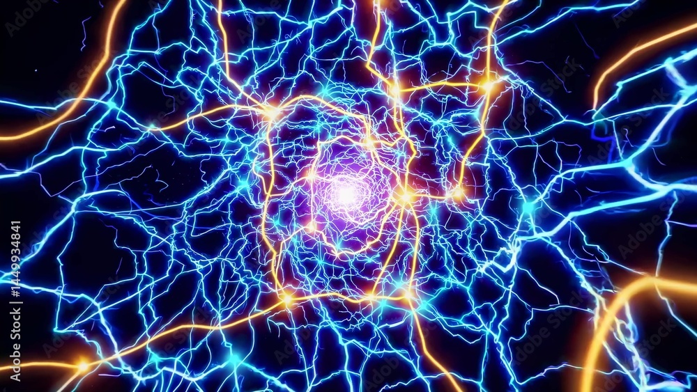 Poster electric energy flows through a plasma ball tunnel, creating a mesmerizing display of blue and orang