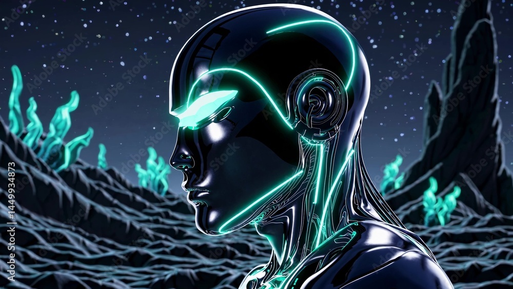 Poster sophisticated humanoid robot with luminescent cyan circuits standing thoughtfully against desolate a