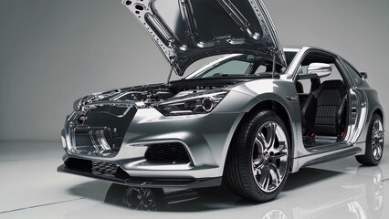 Modern silver sports car with open hood and doors, revealing engine and interior, parked in a bright studio setting, showcasing its design and mechanics