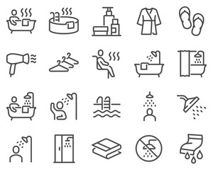 Simple Set of Showering and Bathing Related Vector Line Icons. Contains such Icons as Shower Cabin, Wet Towels, Hot tube and more.