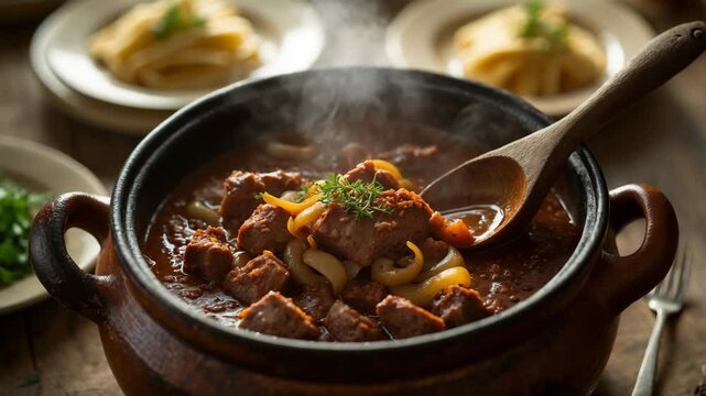 Pork goulash with onions, tomatoes, and paprika. Served in a cooking pot.
