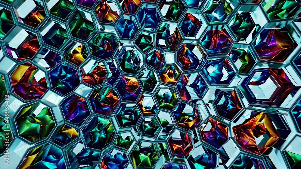 Poster metallic hexagons in vibrant rainbow colors form an intricate and futuristic pattern, resembling a c