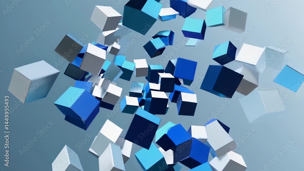 Poster floating and rotating blue and white cubes create a captivating and dynamic abstract composition in 