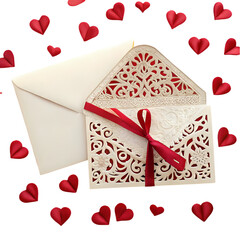 Elegant Wedding Invitation Design with Red Hearts on Transparent background