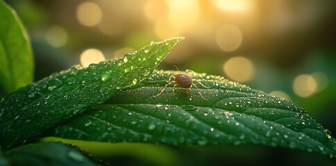 Dew drops on green leaf insect