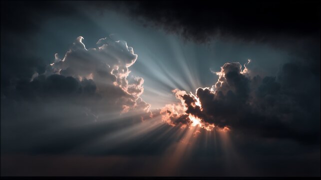 Spectacular sunbeams pierce through dramatic clouds, creating heavenly light
