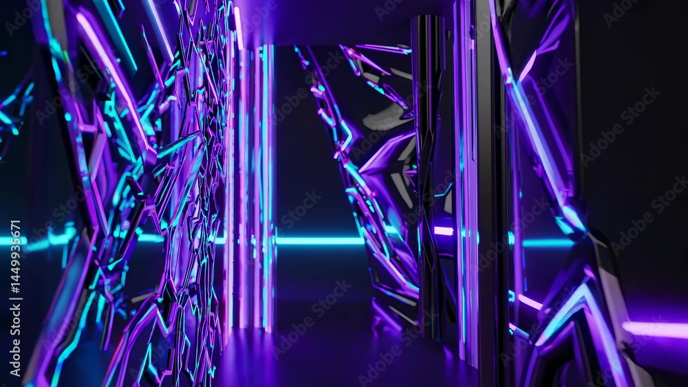 Aufkleber glowing neon lights illuminate a futuristic corridor adorned with intricate, abstract metallic struc