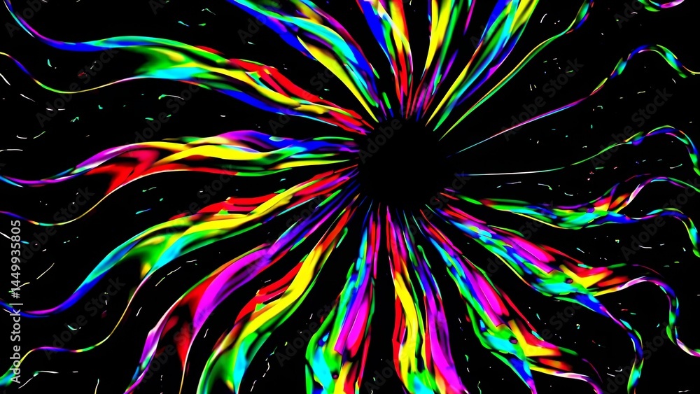 Poster bright, multicolored rays swirl inwards towards a central black void, creating a vibrant and dynamic