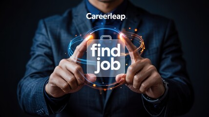 Businessman's hands present a digital job-finding symbol.