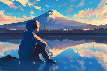 湖の前で富士山を見つめる少年

