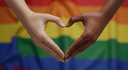 Interracial hands forming heart shape in front of rainbow LGBTQ pride flag symbolizing love, unity and diversity