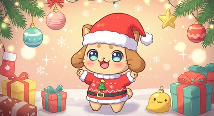 Fototapeta premium Cute Kawaii Puppy Celebrates Christmas with Gifts Ornaments and Festive Cheer Cartoon Illustration