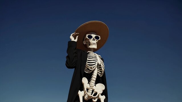 Fashionable skeleton wearing a black coat, sunglasses, and a wide-brimmed hat, posing against a clear blue sky, creating a surreal and stylish image