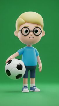 Cartoon Boy Walking with Soccer Ball on Green Background