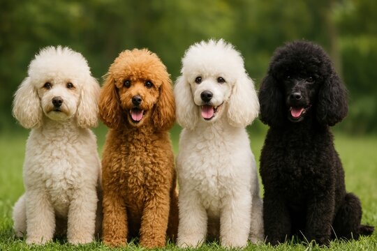 Colorful poodles sitting together.